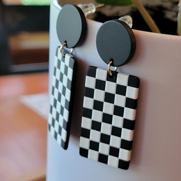 Checkerboard Ska Punk Reggae Dangle Earrings - Picture 3 of 4